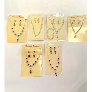 NWT Rhinestone Formal Fashion Jewelry CZ Clear, Blue, Red Necklace, Earrings.